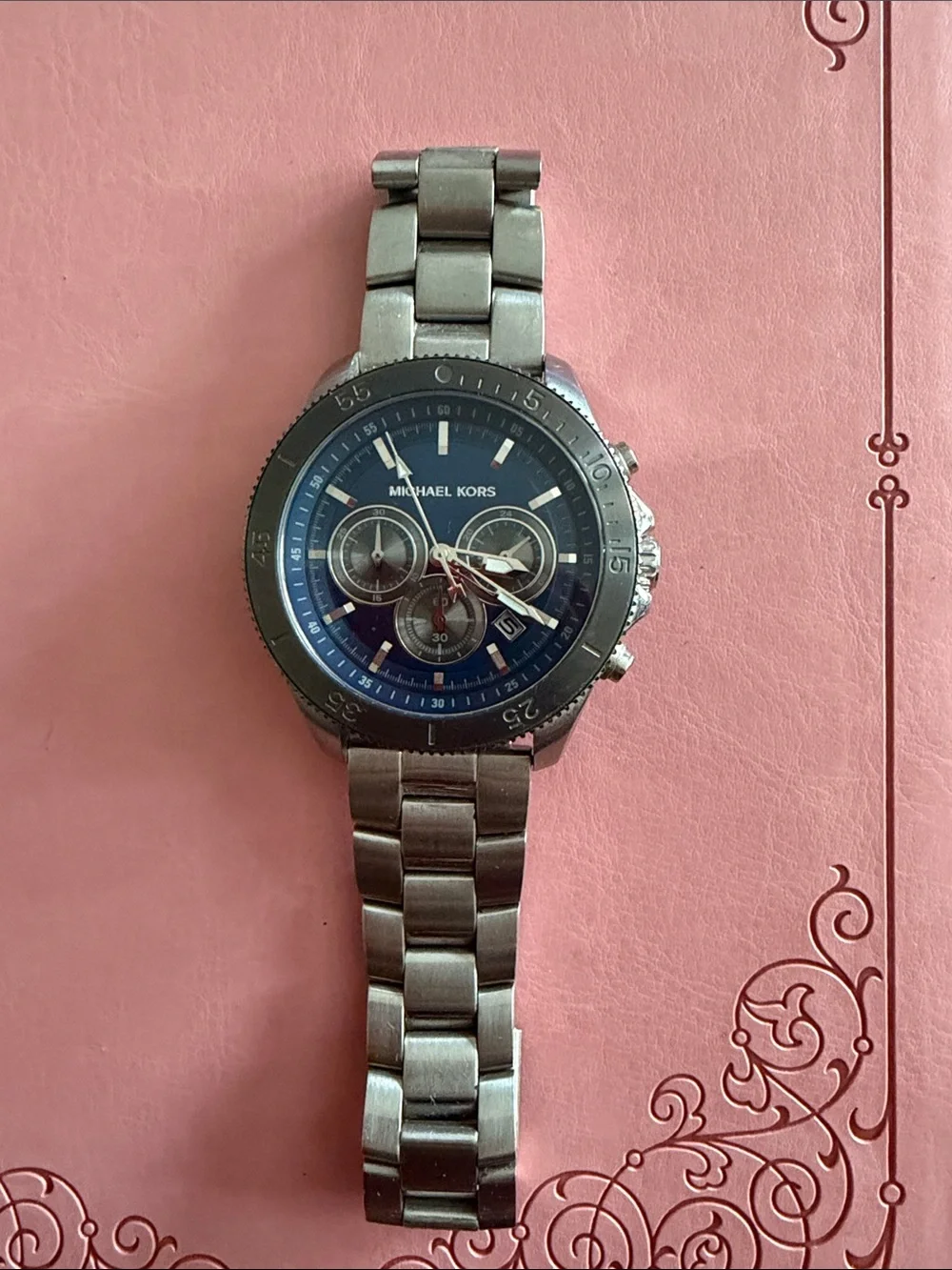 Michael Kors Silver Stainless Steel Watch with Blue Dial